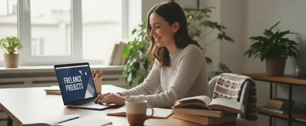 Фріланс копірайтер працює у домашньому офісі