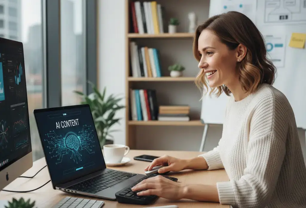 Копірайтер працює з AI асистентом для оптимізації контенту